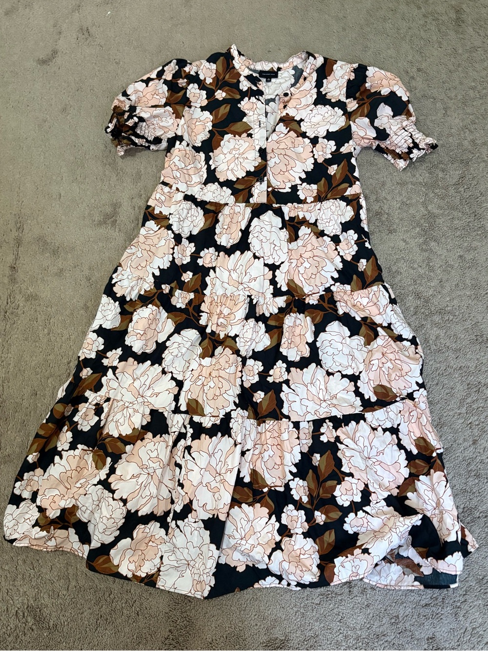 Who What Wear Black Floral Tiered Midi Dress with Blush and Brown Accents